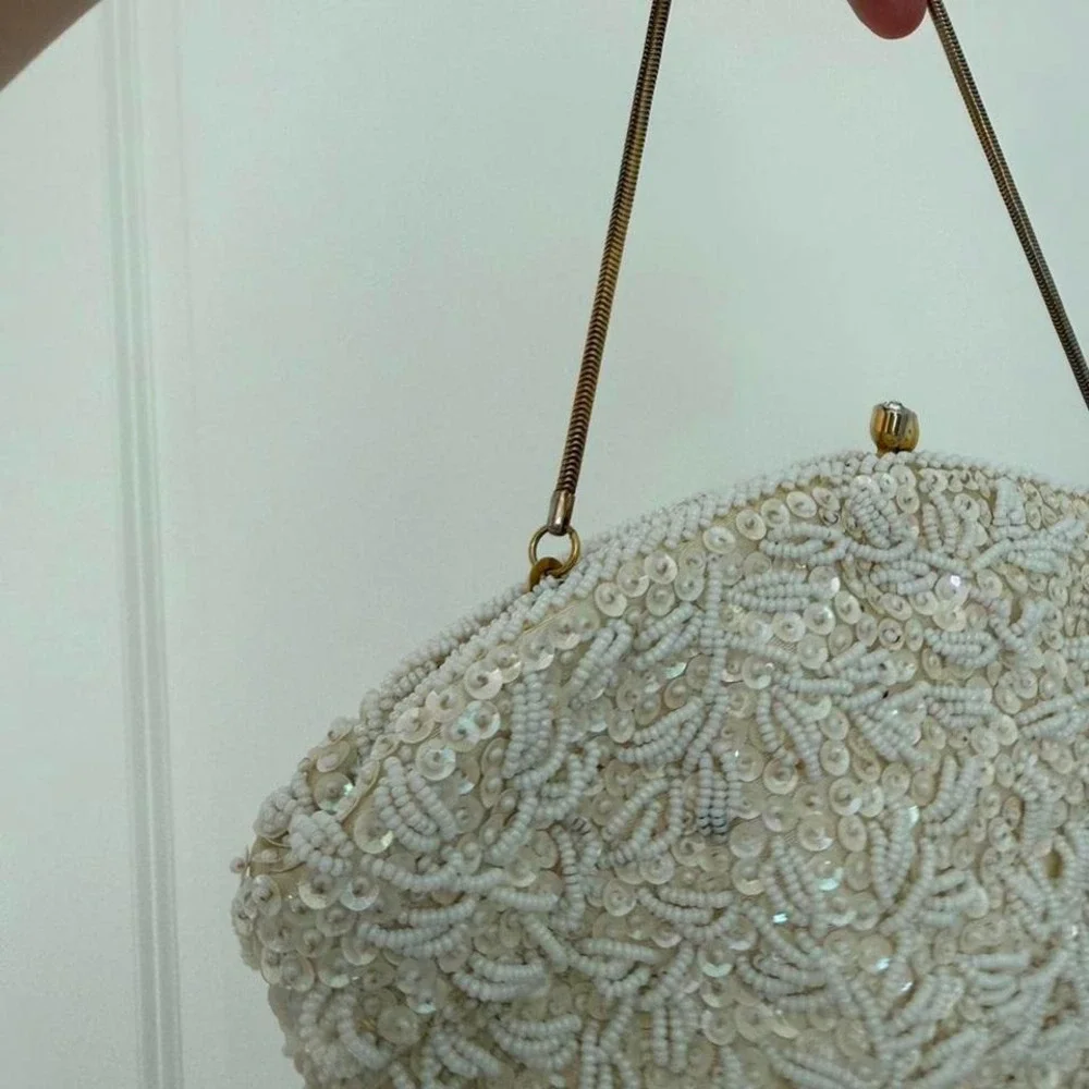 Vintage Handmade Hong Kong White Beaded Evening Bag